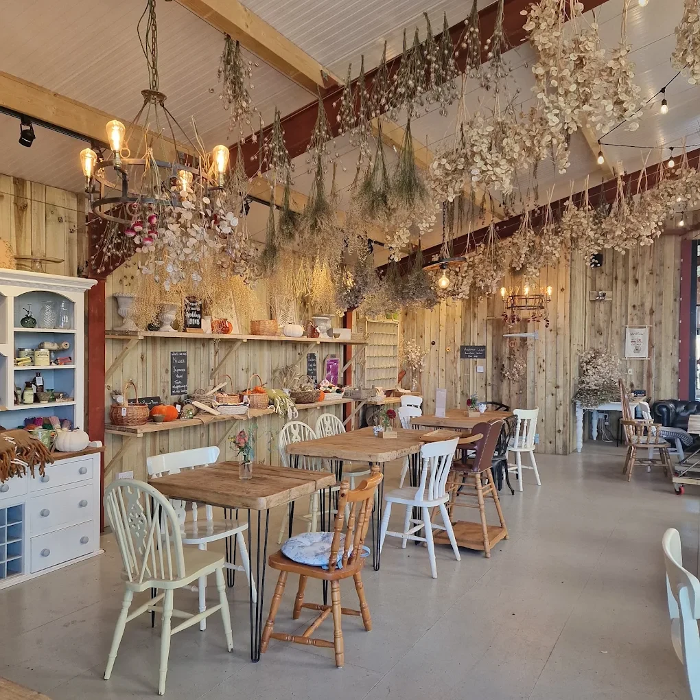 Cosy Flower Barn seating with wooden tables, dried flowers and warm pendant lights