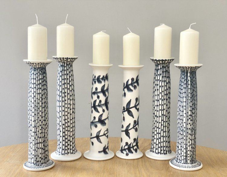 Blue and white patterned ceramic candleholders