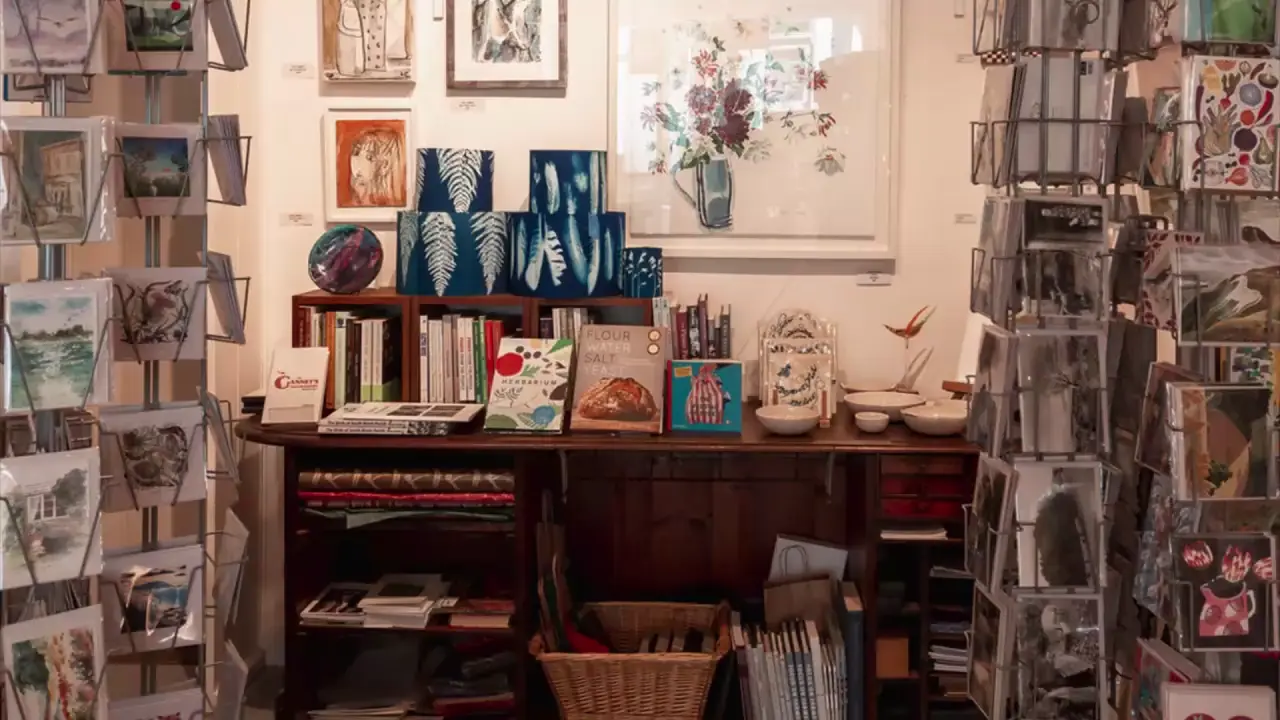 Artworks gallery interior with framed pictures, ceramics and colourful cards