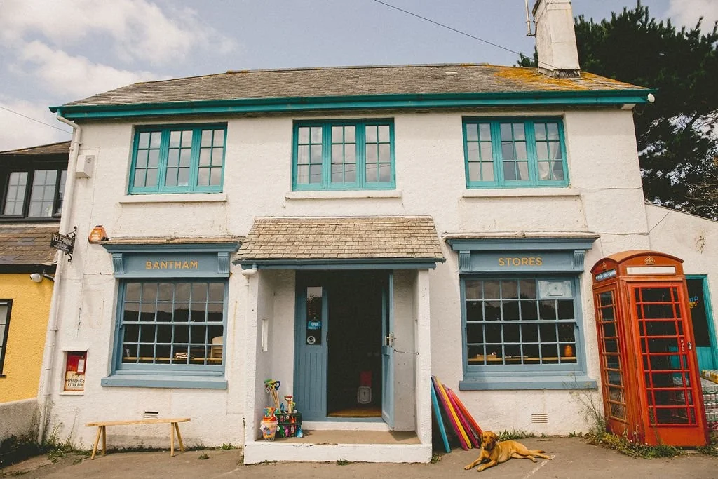 Bantham Stores exterior with its red telephone box
