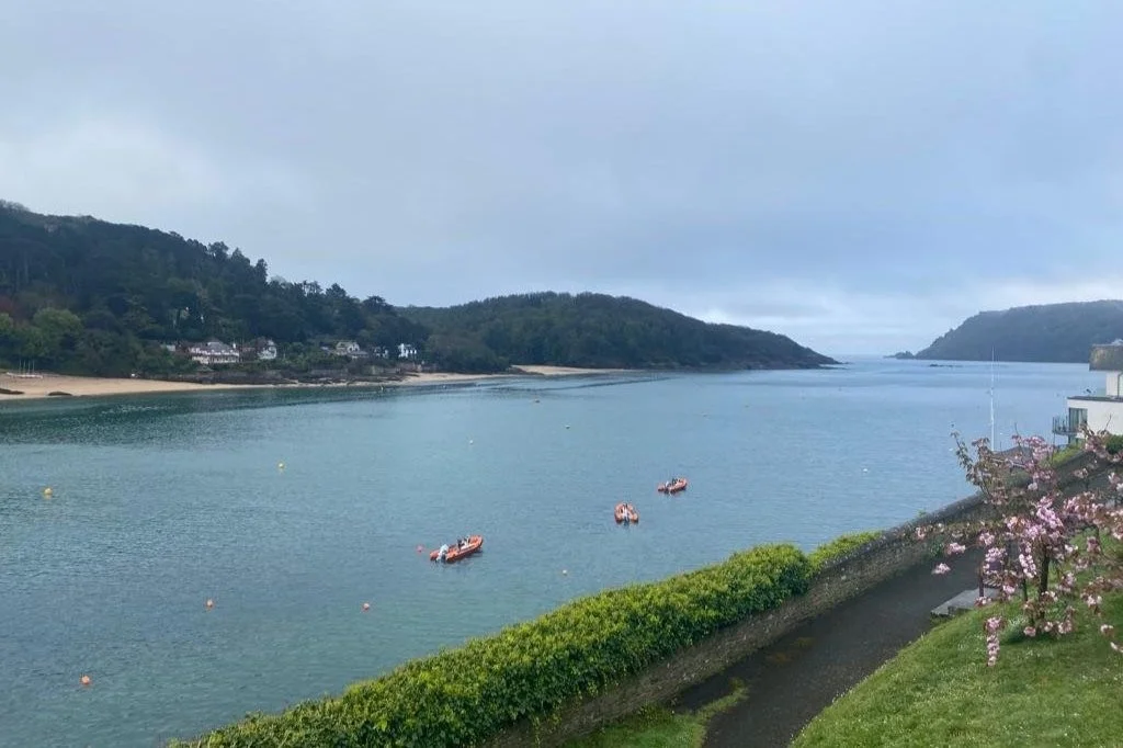 View across the Salcombe estuary with moored boats
