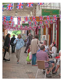 Visitors browsing the covered Butchers Row shops beneath bunting