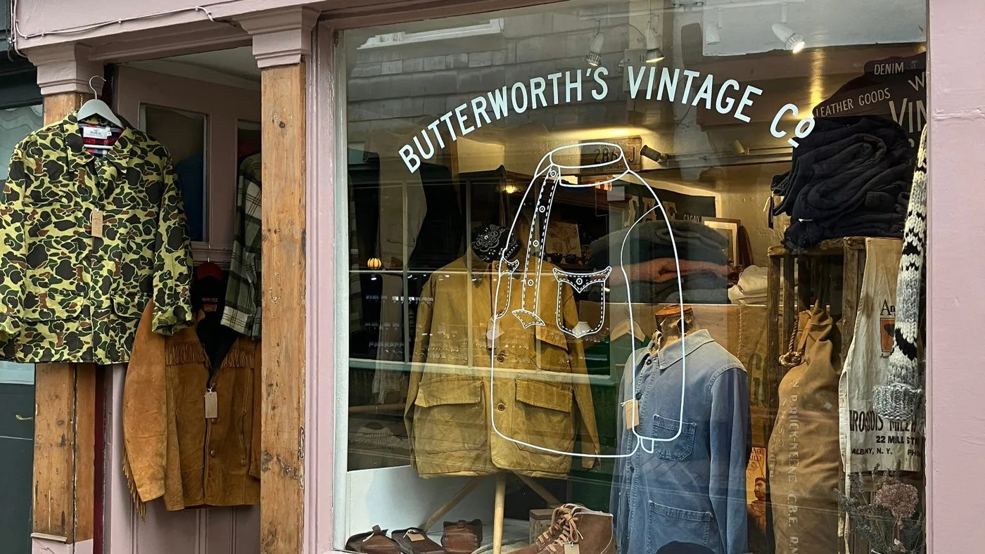 Butterworth’s Vintage Company window with denim jackets and vintage clothing