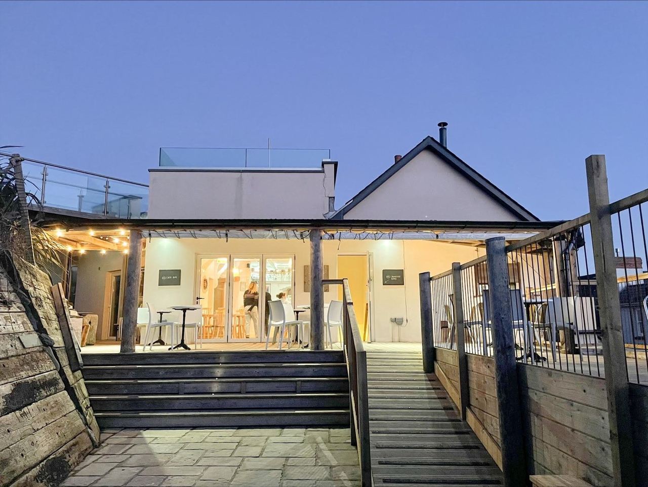 The café entrance behind its timber decking