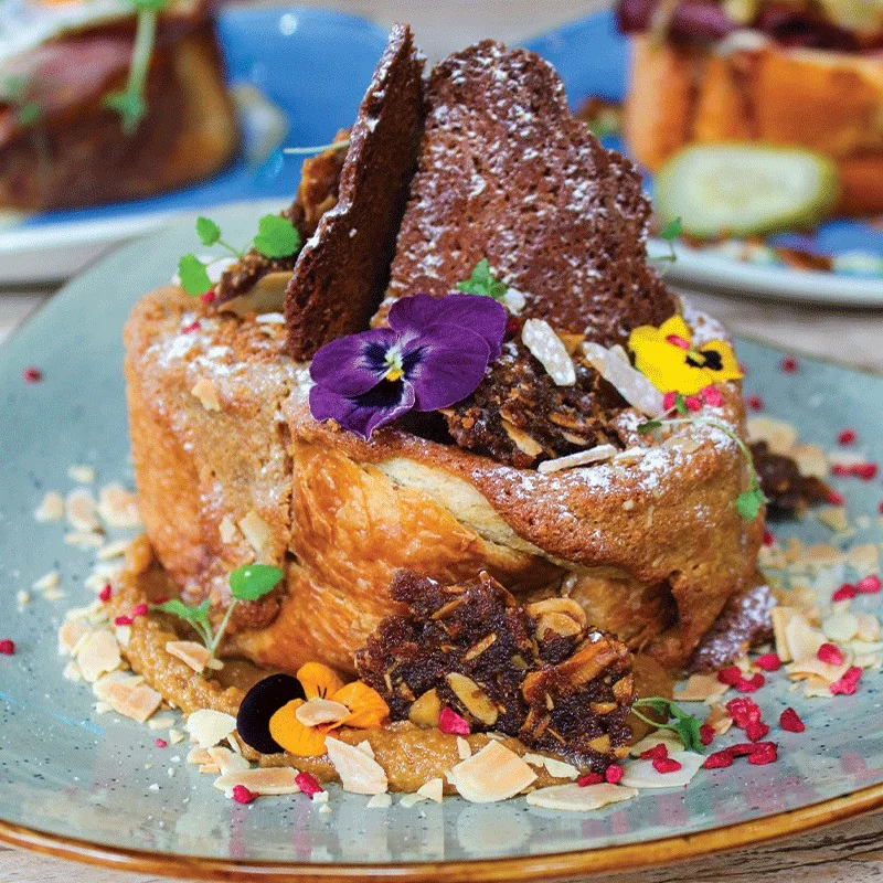 An elaborately topped sweet brunch plate at Wild Thyme