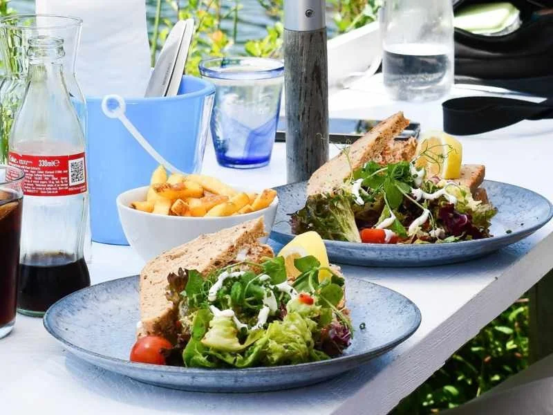 Crab sandwiches, salad and chips on an outdoor table