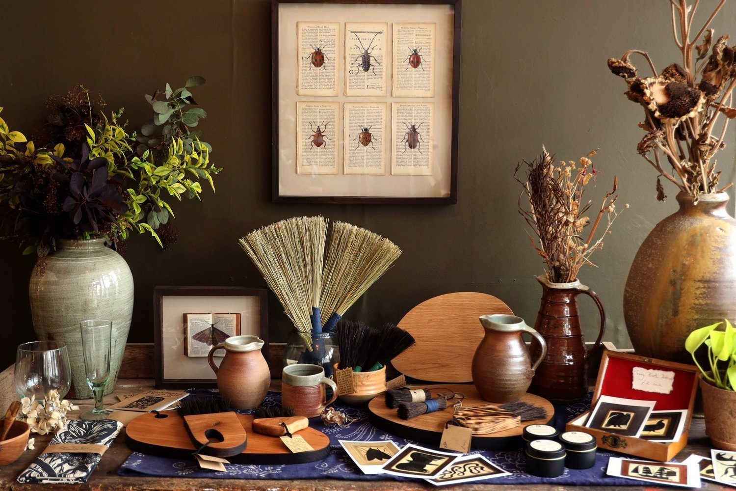 Handcrafted pottery and objects arranged at Craftmongers