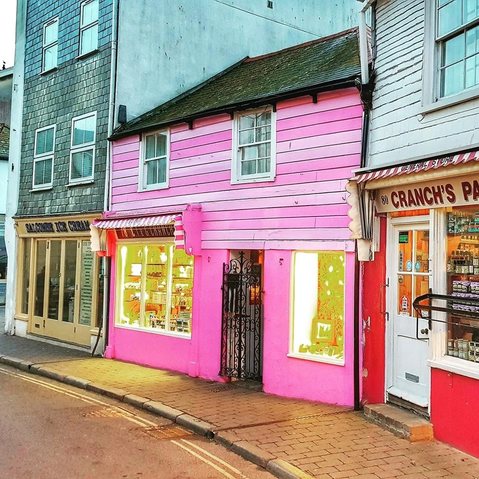 The bright pink Cranch’s Sweetshop frontage on Fore Street in Salcombe