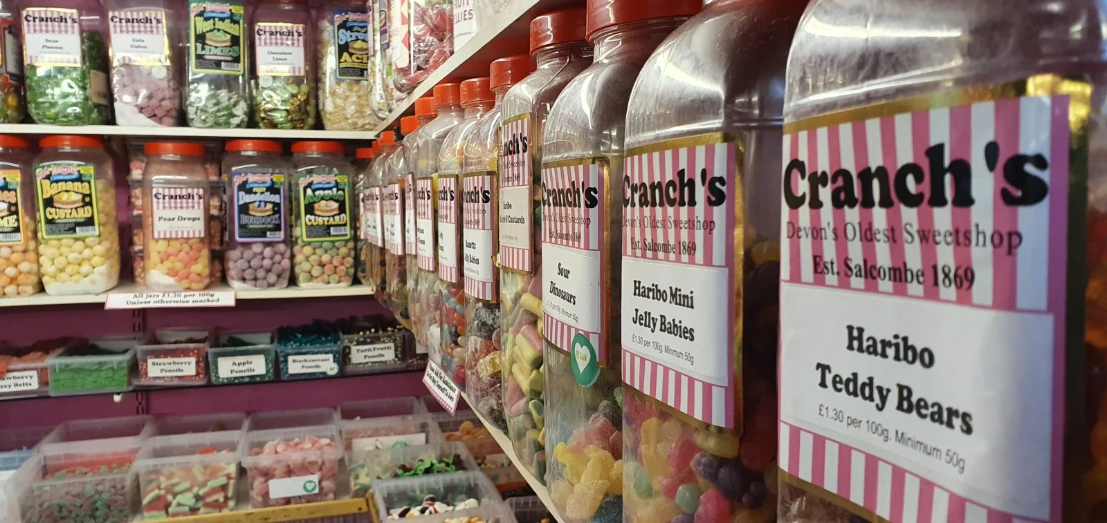 Rows of Cranch’s labelled sweet jars lining the shop shelves