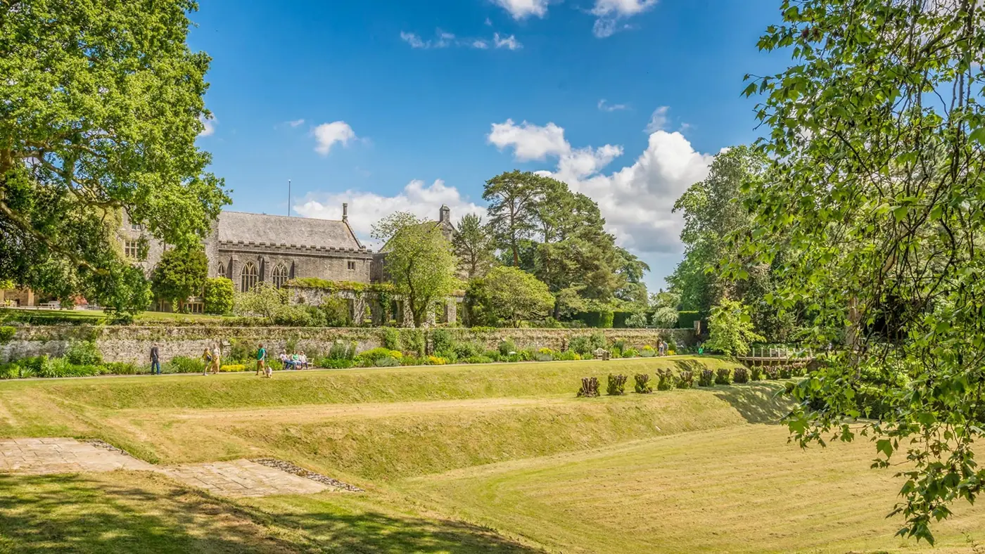 Terraced lawns and planting below Dartington Hall