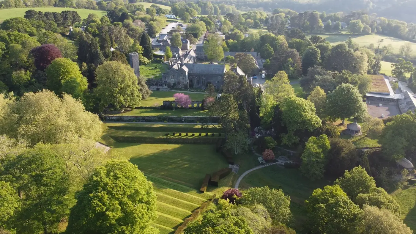 Aerial view of Dartington Hall and its gardens