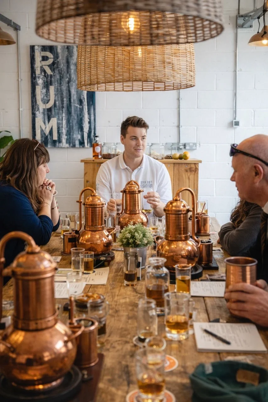 Guests making rum at miniature copper stills