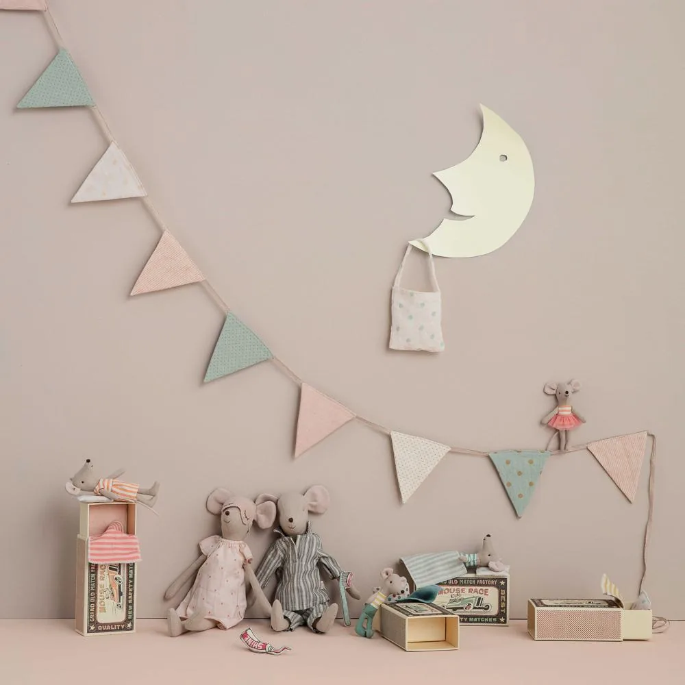 Maileg mice and miniature accessories in a styled children’s collection photograph
