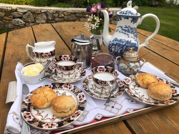 Cream tea served on patterned china in the Goren garden