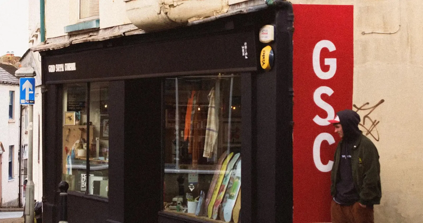 Grind Supply Co’s black shopfront and red GSC sign