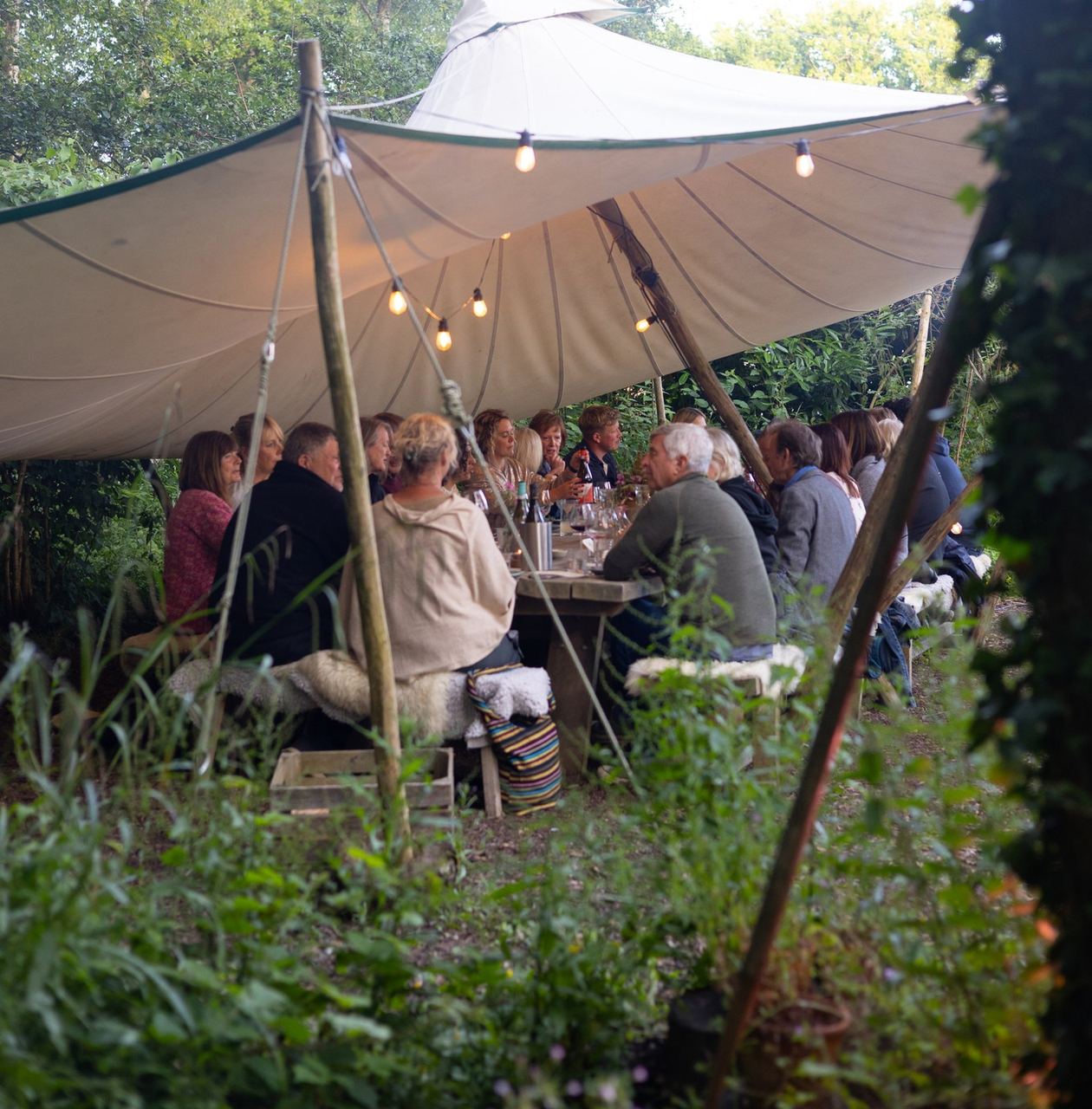 Shared woodland dining table under a canopy at High Grange