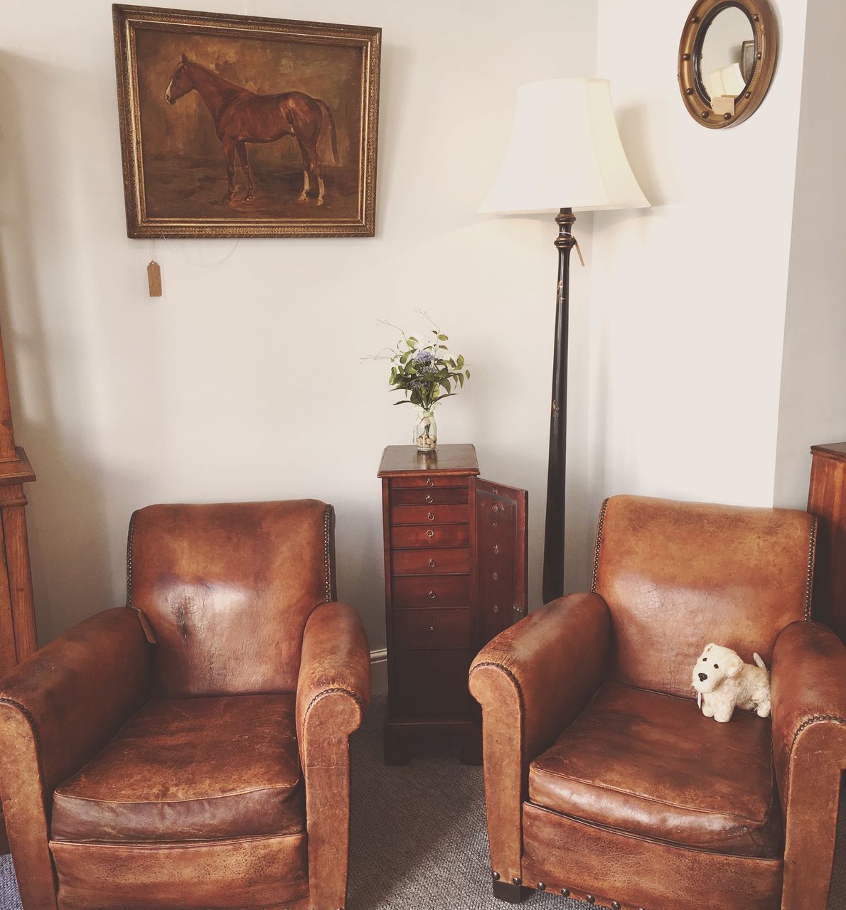 Two worn leather armchairs and a small dog among antique furniture at In A Nutshell
