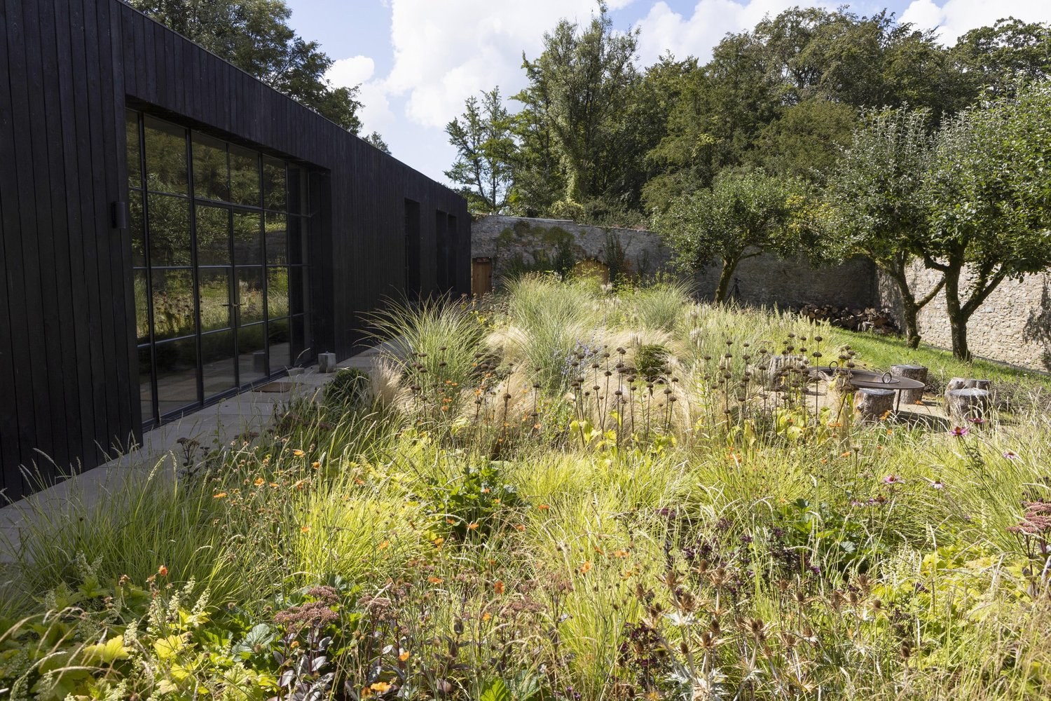Grasses and flowering borders beside a dark garden building at Great Ambrook