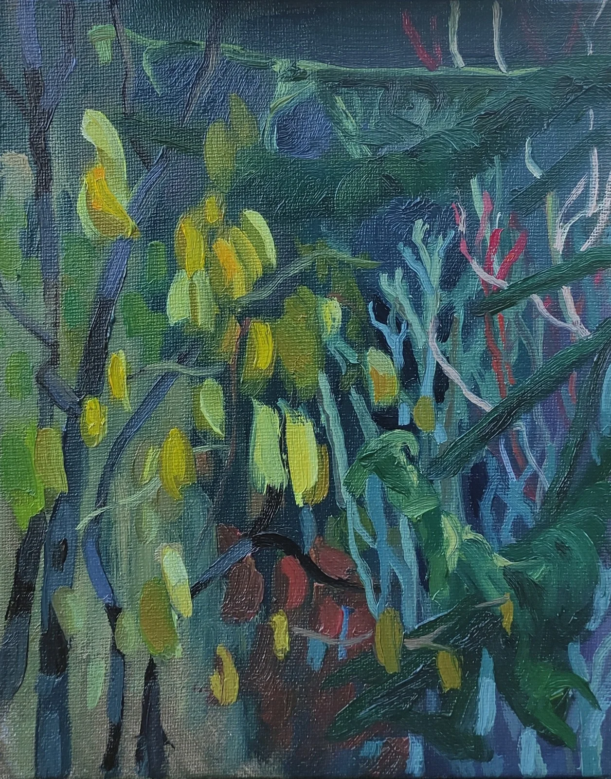 Painting of plants reflected near a pond