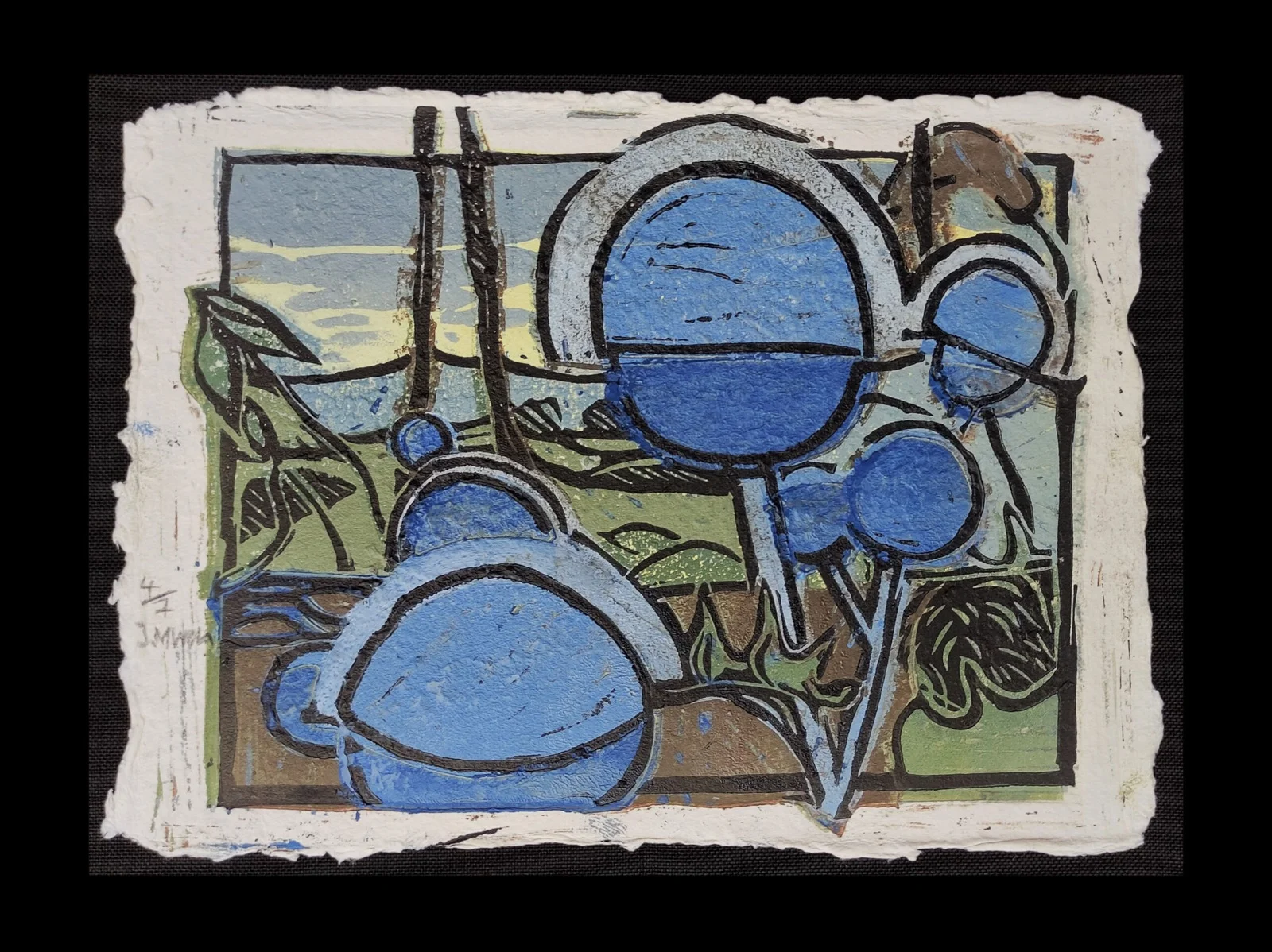 Blue botanical print with rounded flower heads