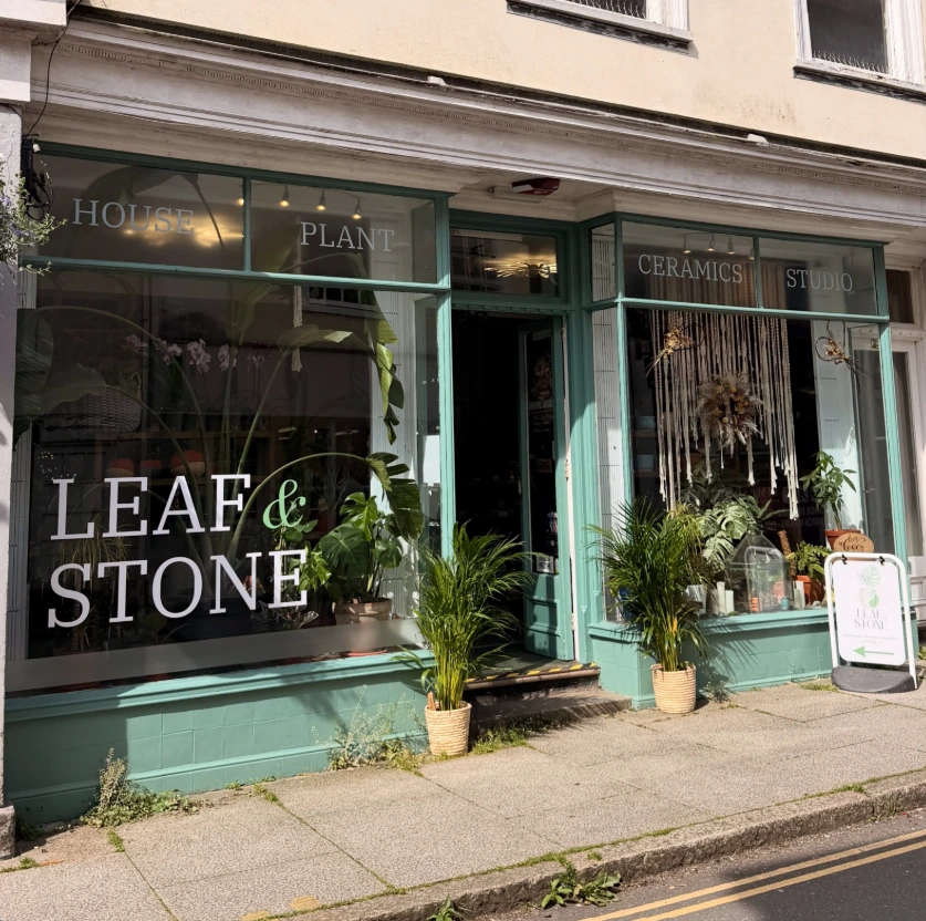 Green-painted Leaf & Stone shopfront in Tavistock with houseplants and handmade ceramics in the windows