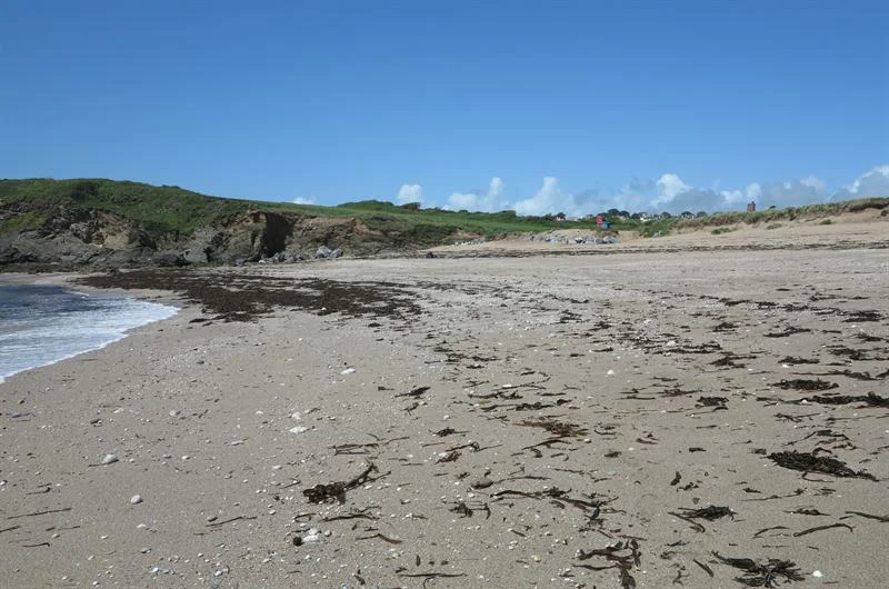 Sandy Leas Foot beach with seaweed at the tide line and rocks beyond