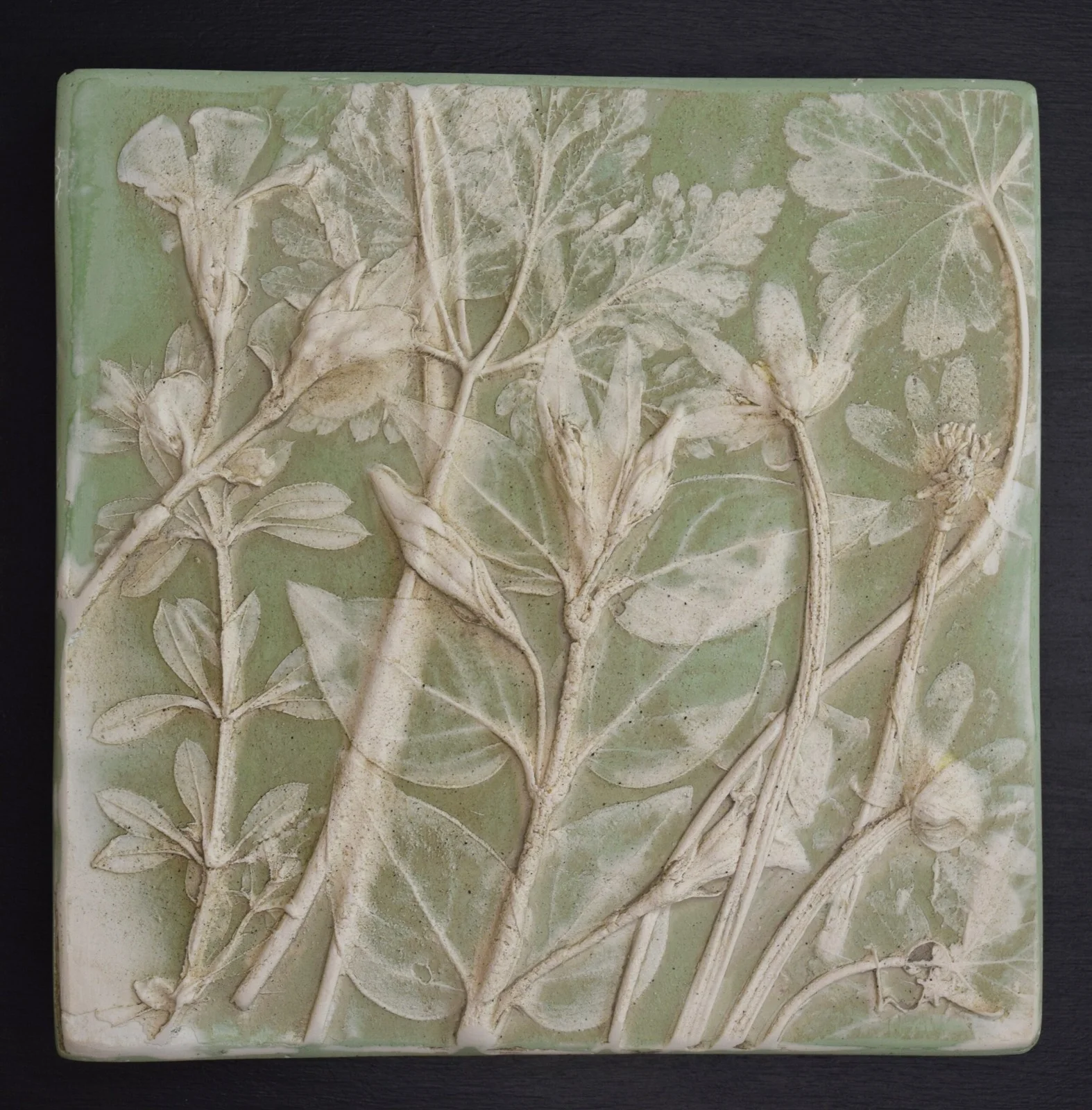 Botanical relief cast with leafy stems on a green background