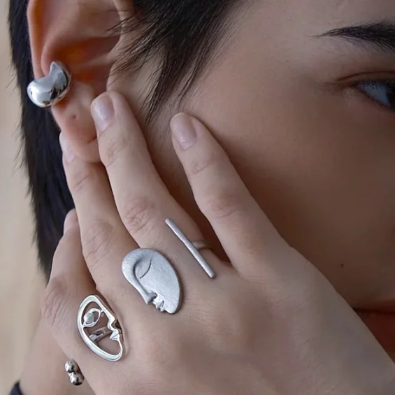 Silver sculptural rings and earrings from the shop’s jewellery range