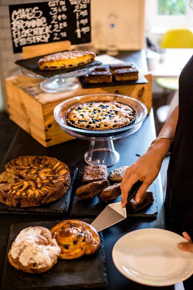 Savoury tarts and bakes displayed at the Mangetout counter