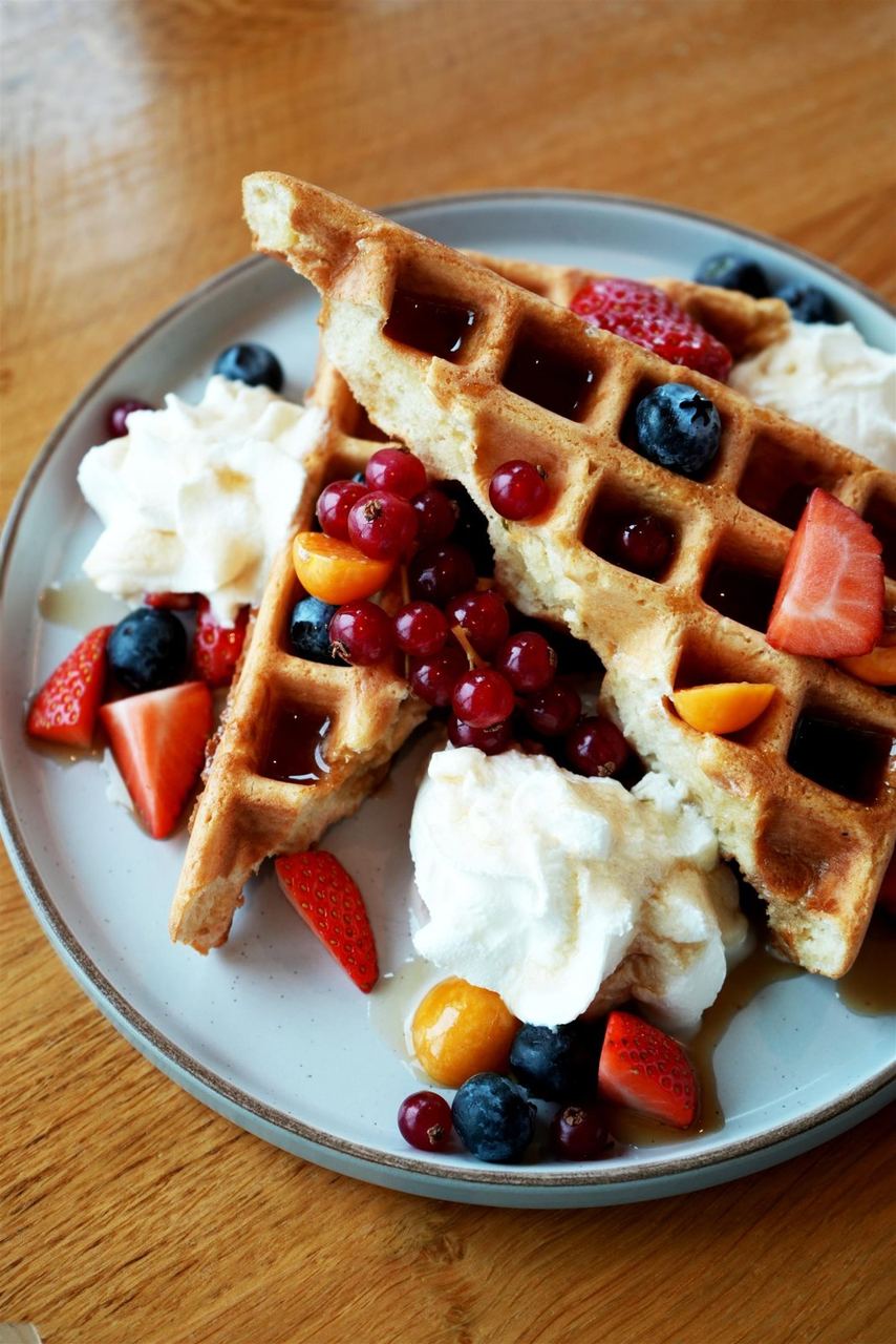 Waffles with berries and cream at Miller’s