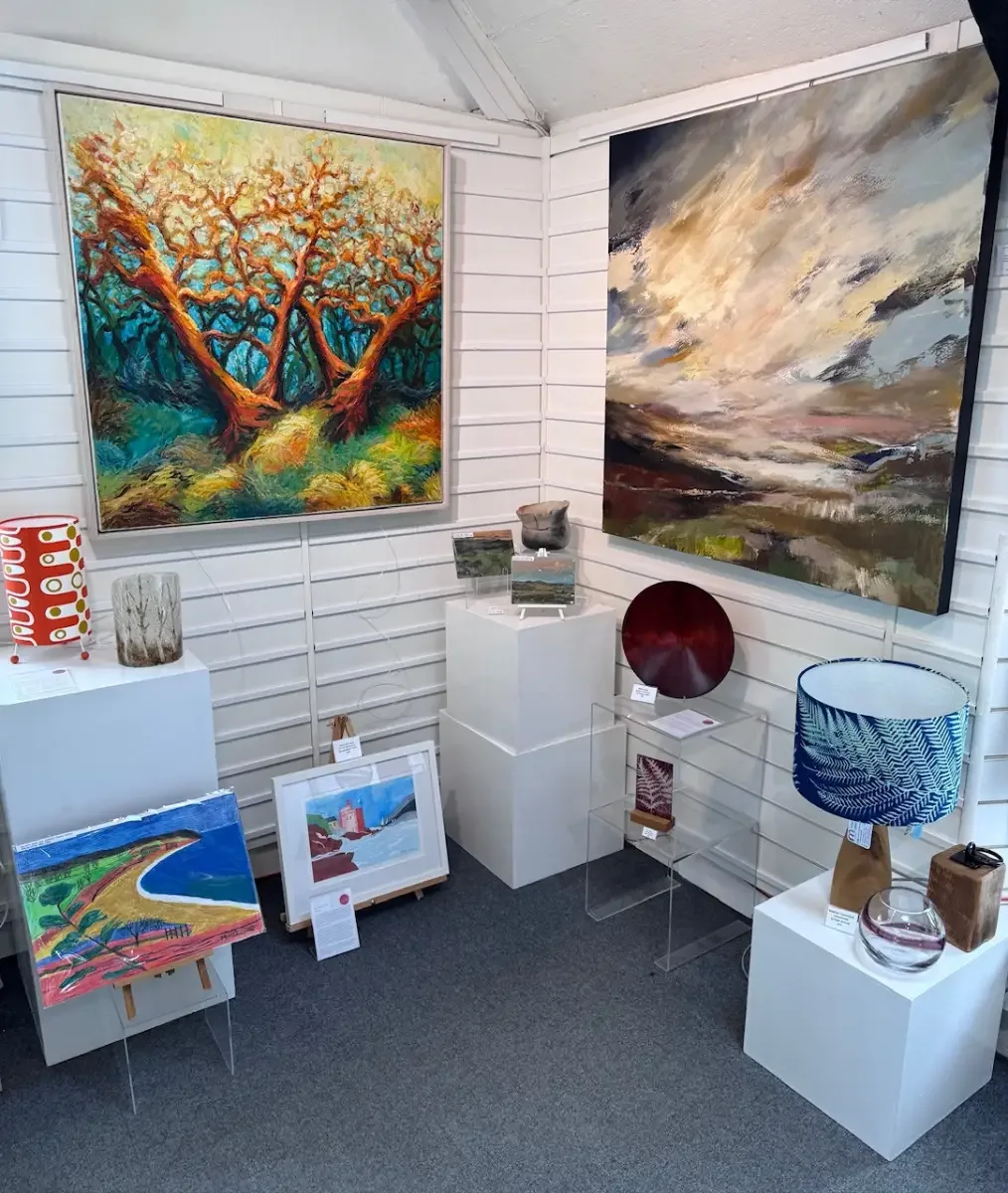 Colourful landscape paintings and ceramics at Mooch