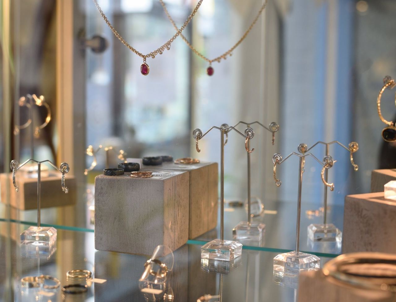 Handmade jewellery displayed in the gallery window