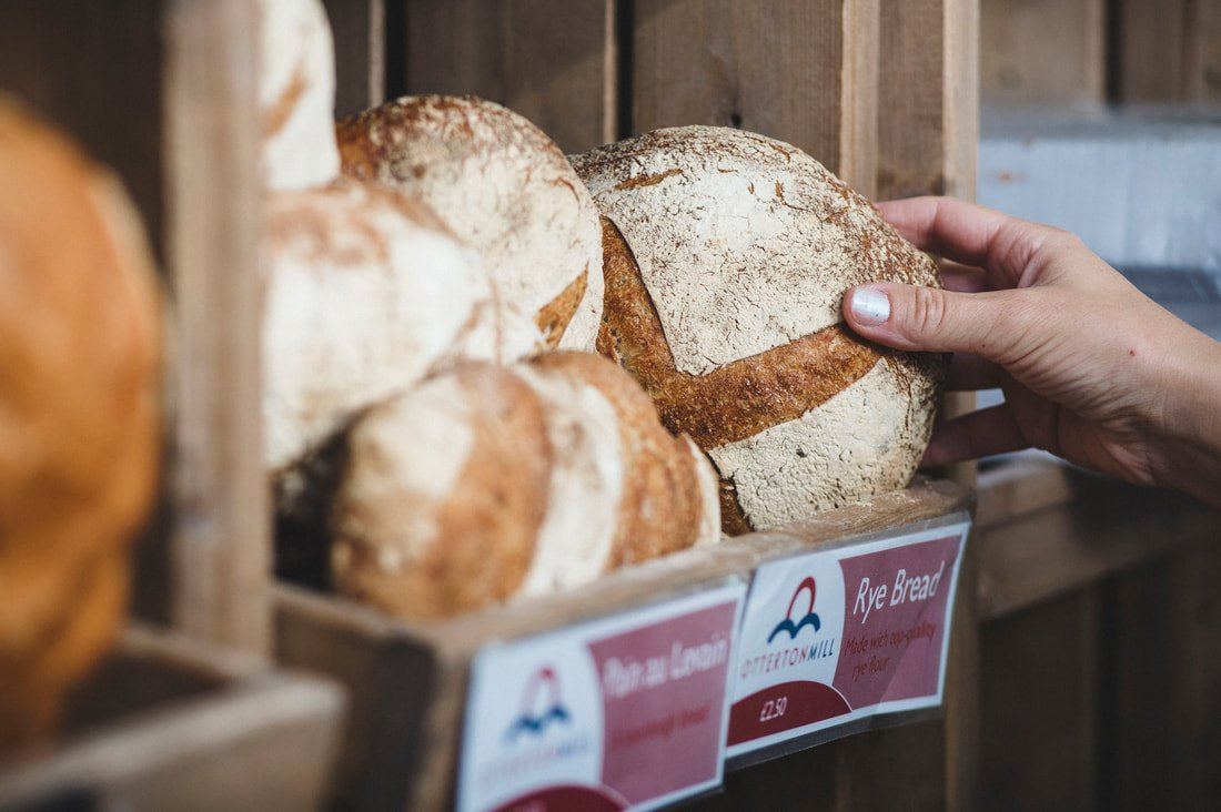 Fresh loaves displayed in the Otterton Mill bakery