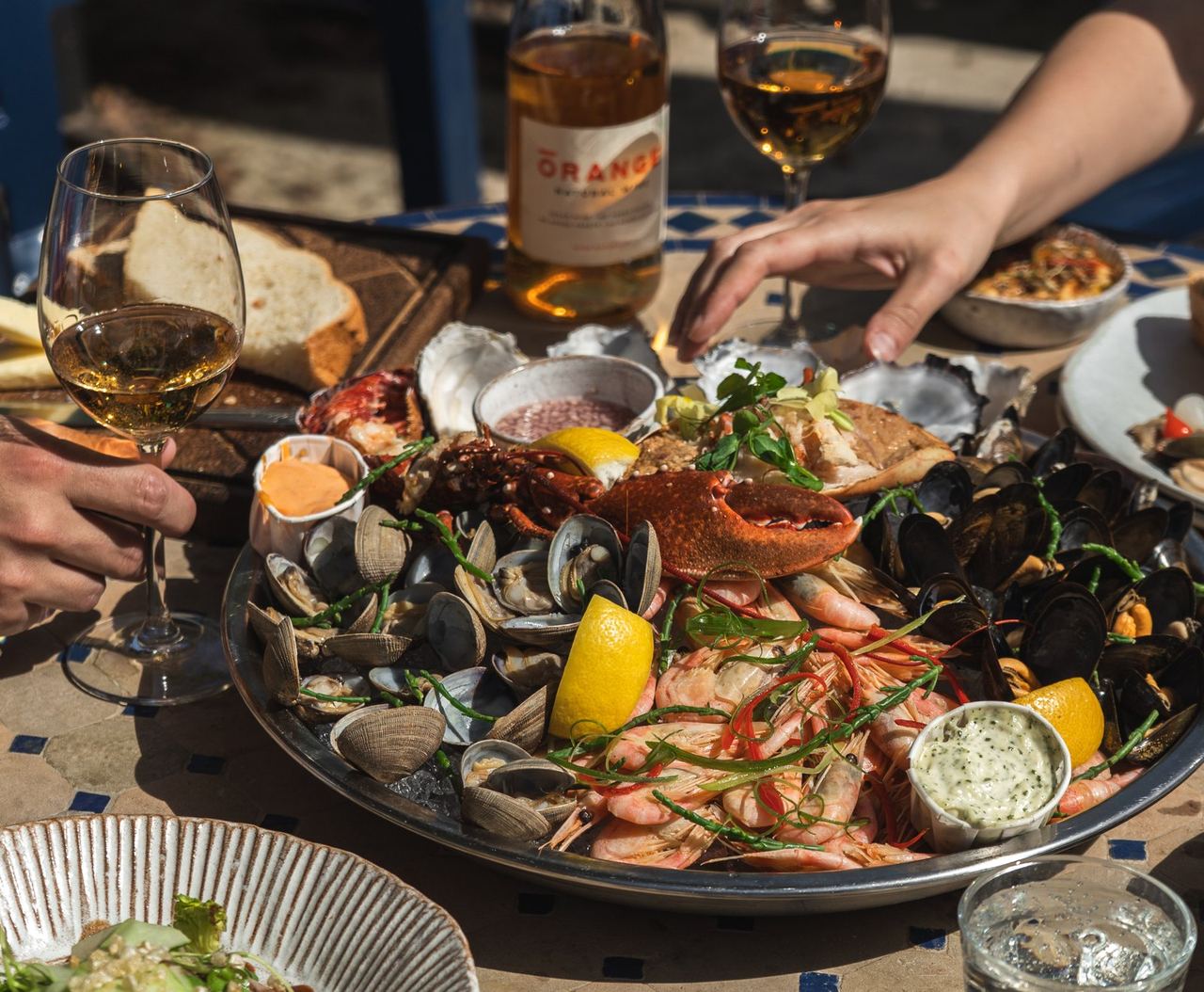A generous seafood platter on a restaurant table
