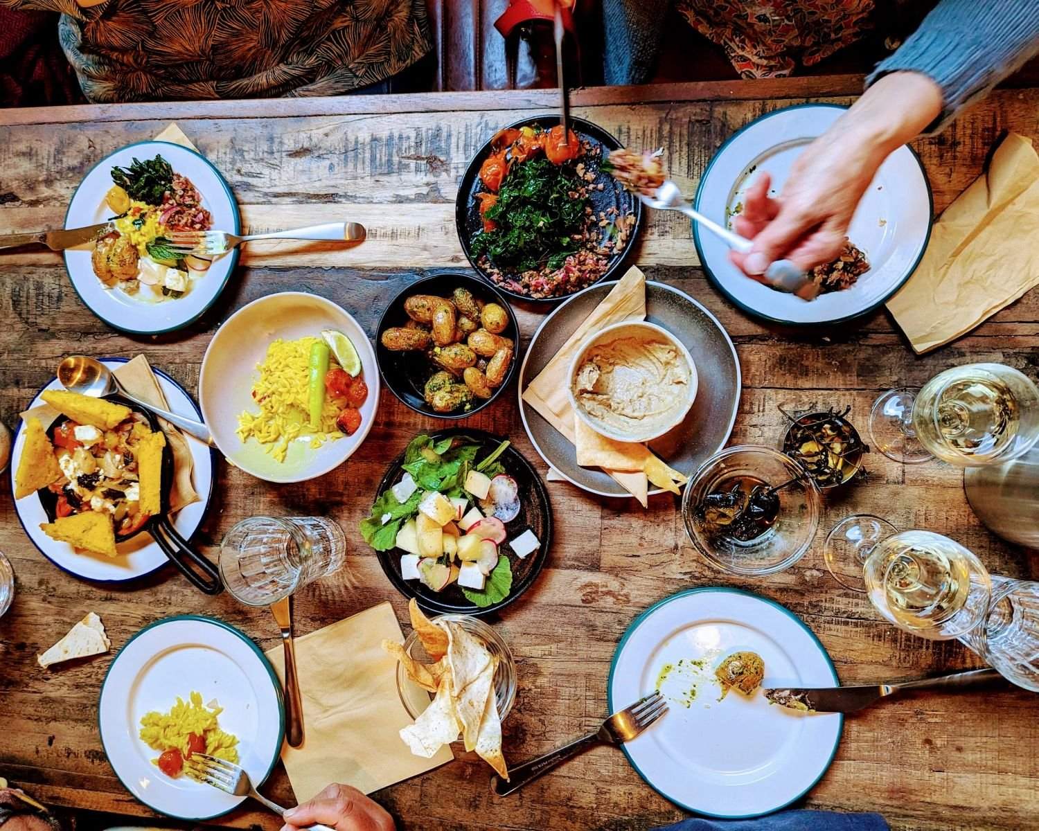 A table of vegetarian sharing plates at Rafikis