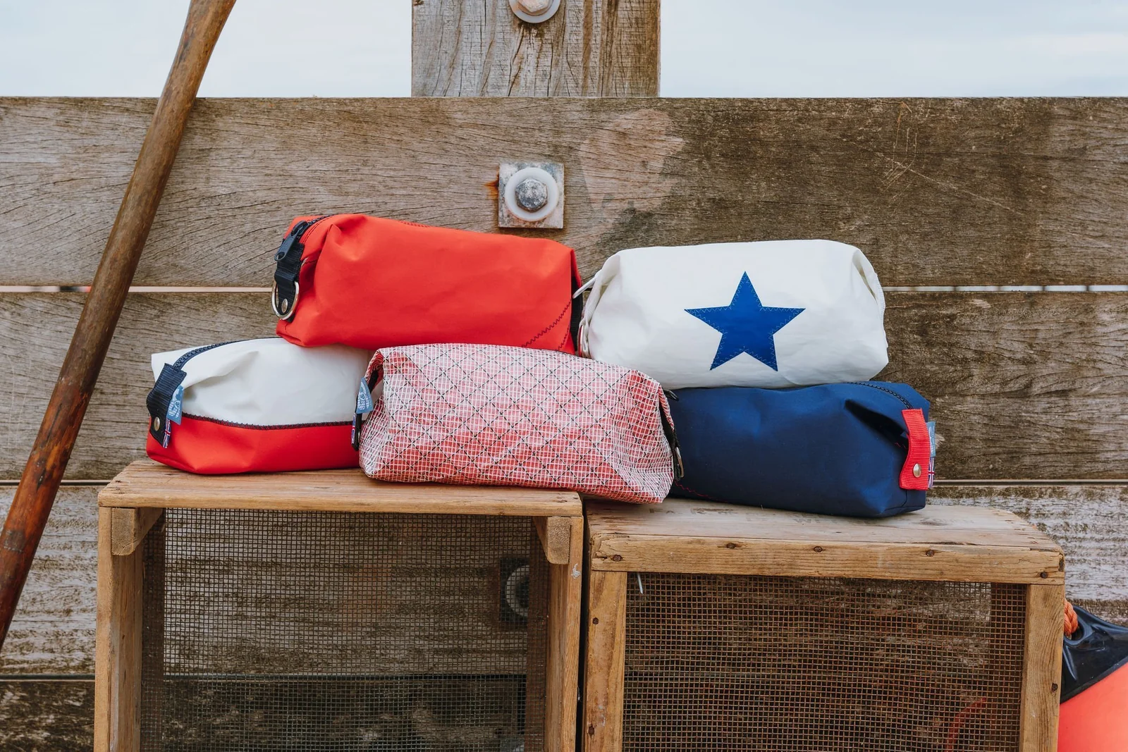 Colourful wash bags made with white sailcloth