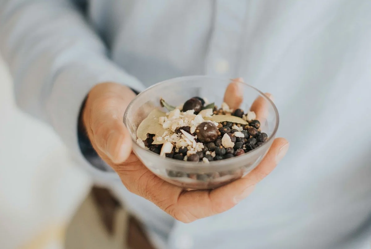 A bowl of botanicals held ready for distilling