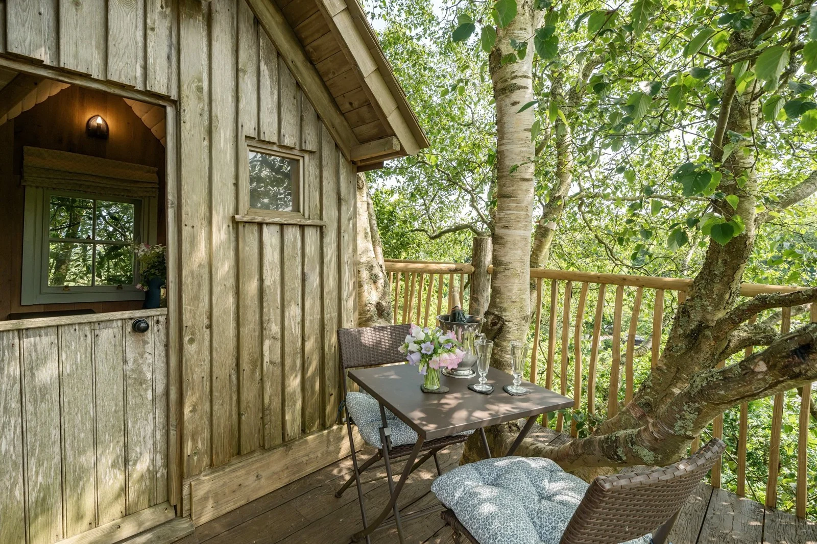 Cedar-clad treehouse and elevated deck among leafy branches
