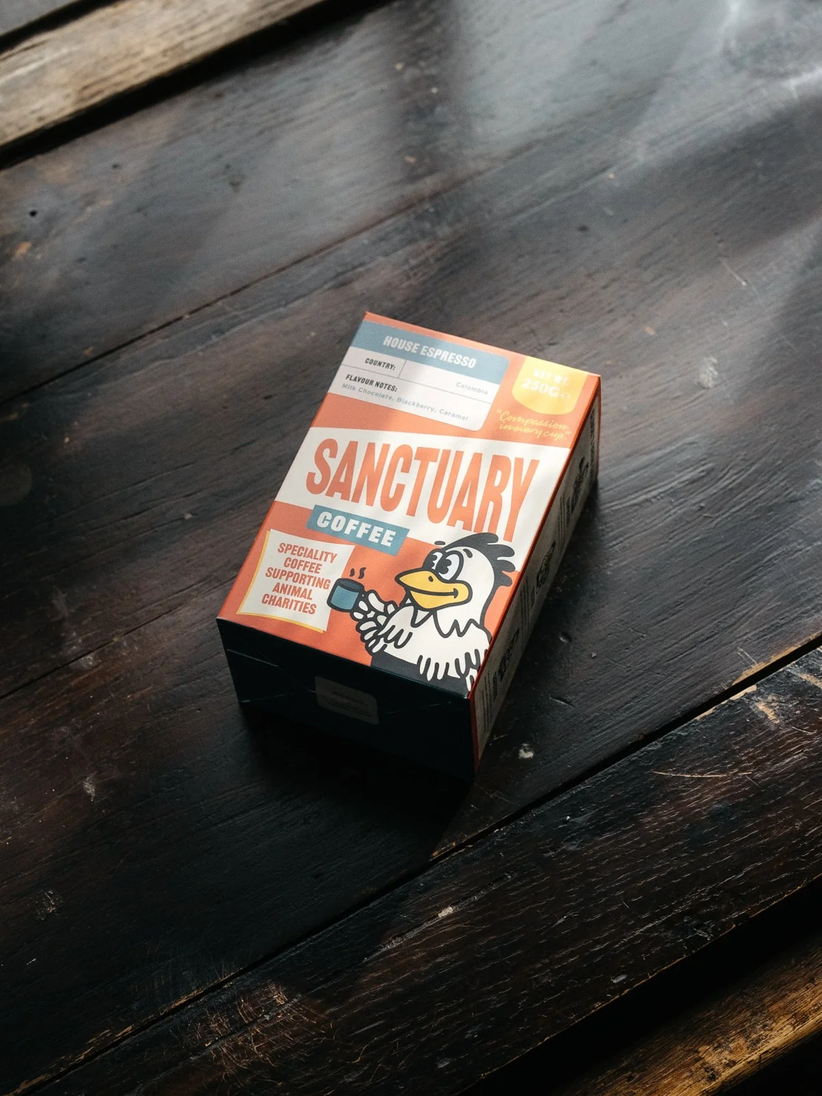 A box of Sanctuary coffee on a wooden table