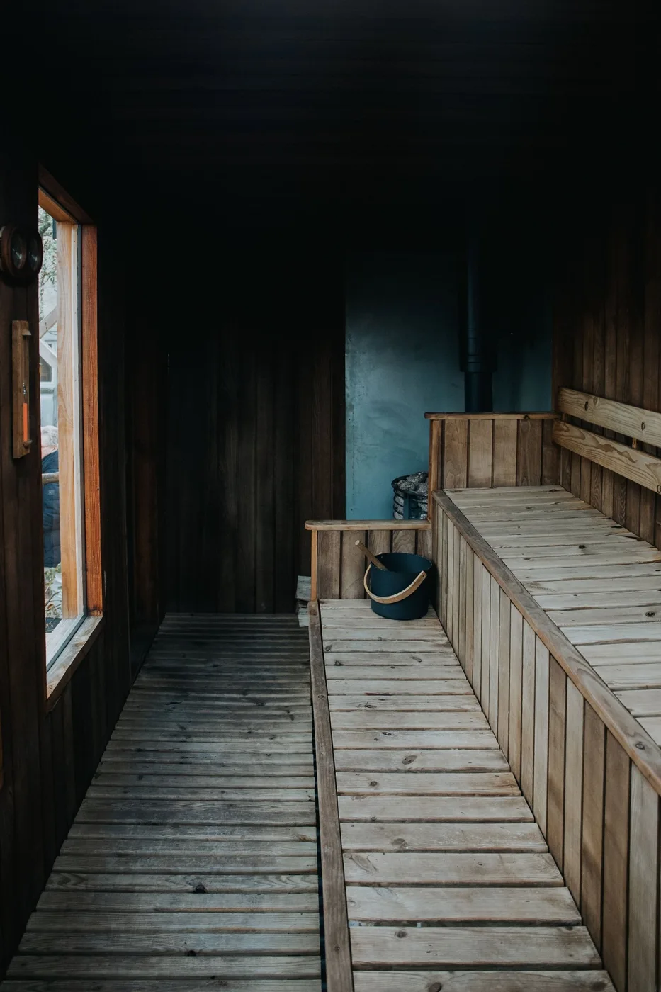 Timber benches inside the Dartington sauna