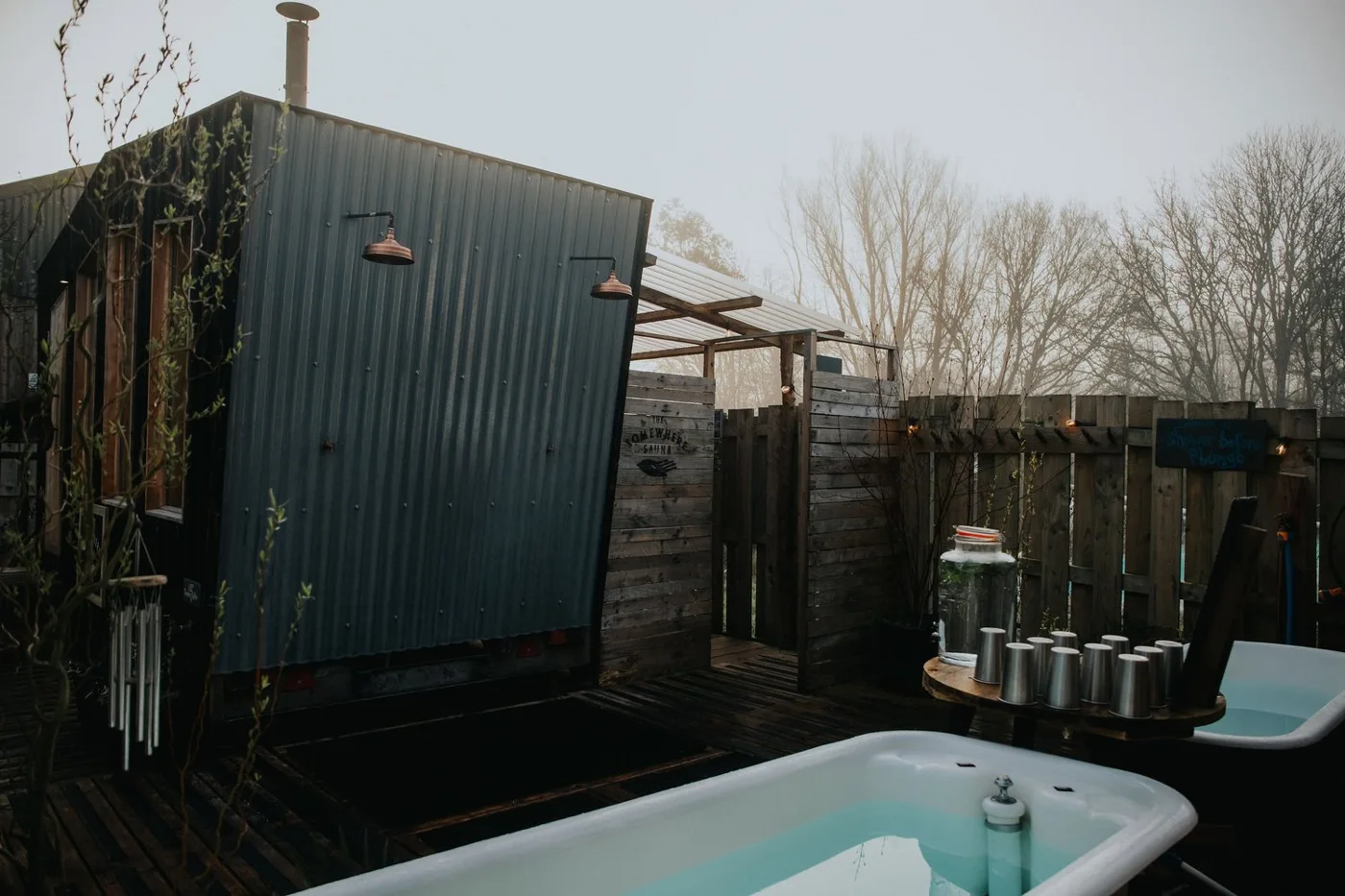 The Somewhere Sauna at Dartington with an outdoor plunge bath