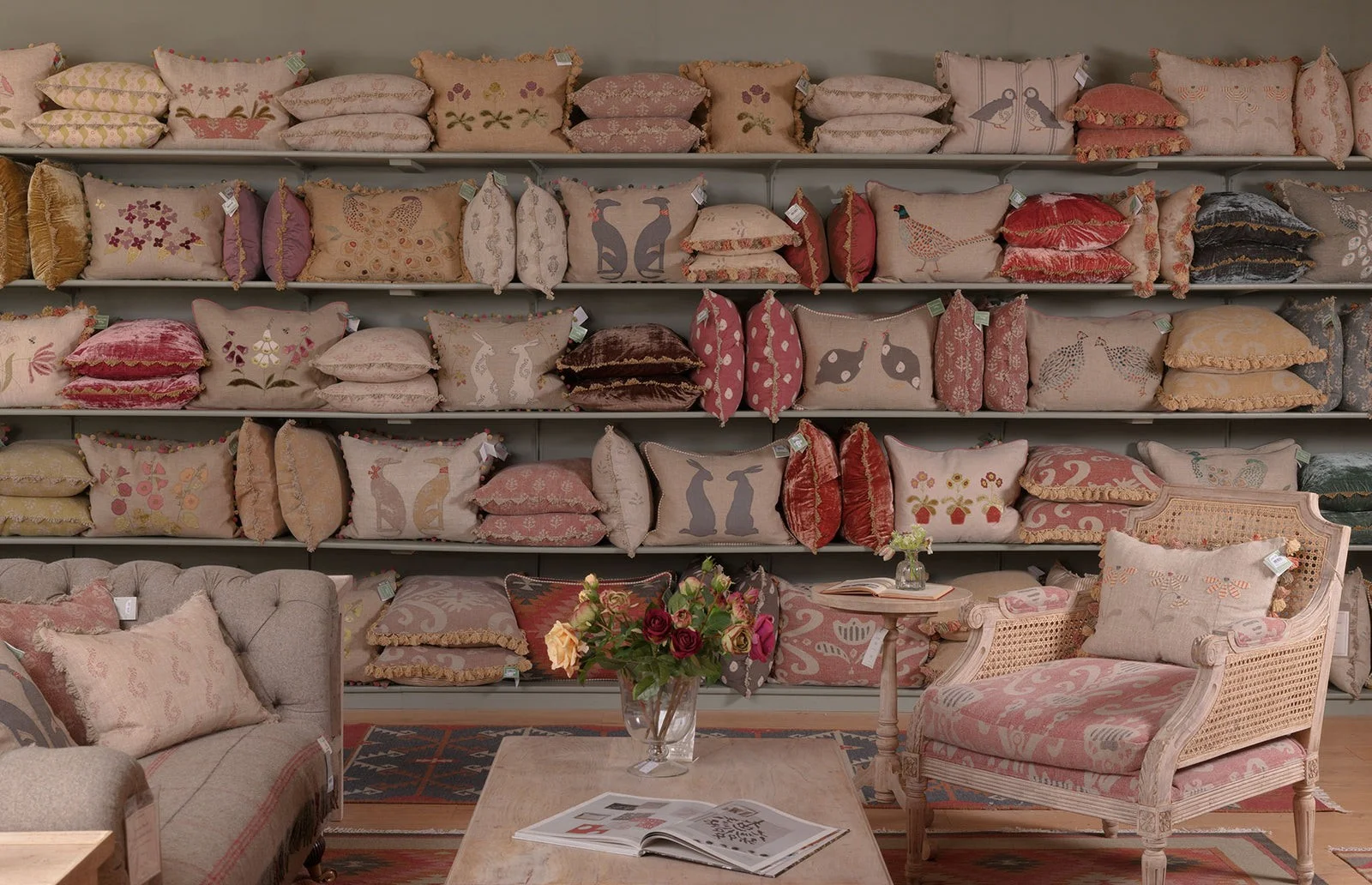 Rows of cushions and an upholstered seating display at Salcombe