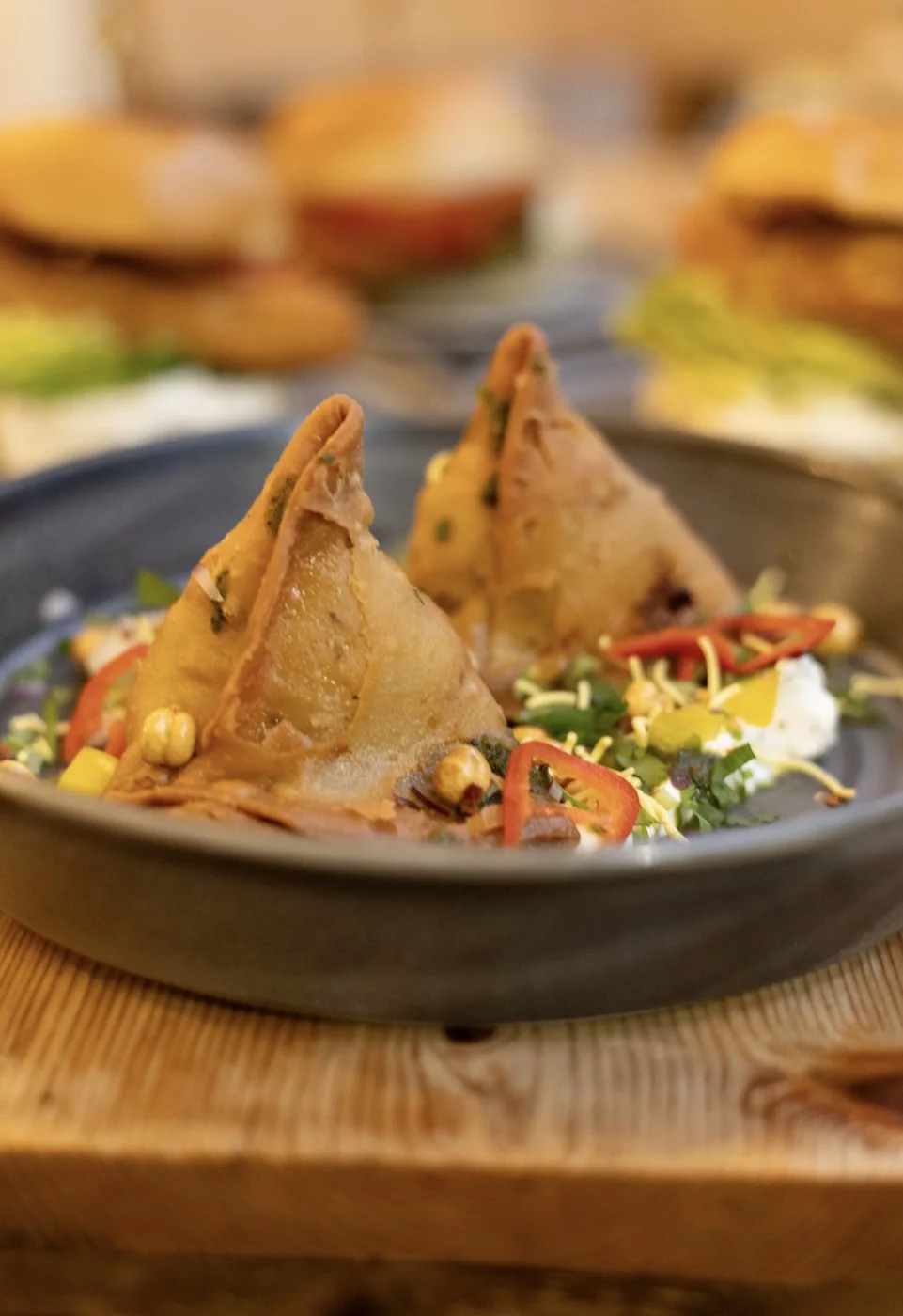 Golden samosas with a colourful salad at Tamarind Tree