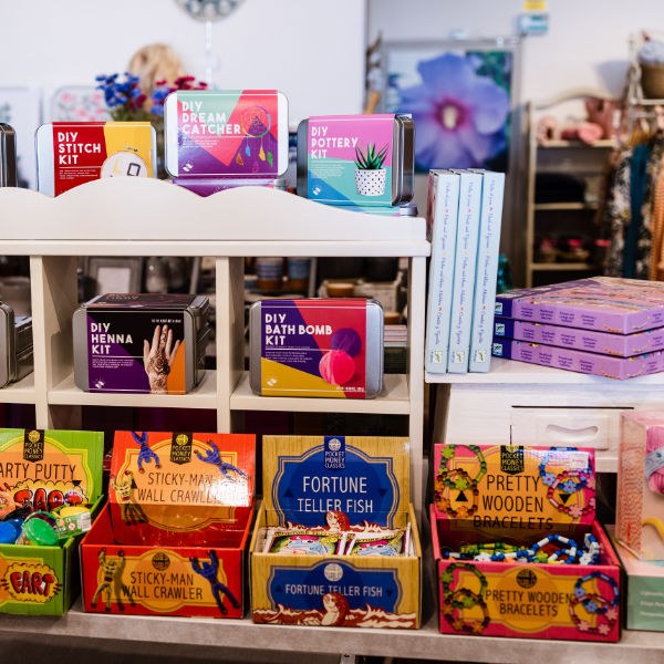 Illustrated cards, notebooks and stationery on shelves at tessdesigns