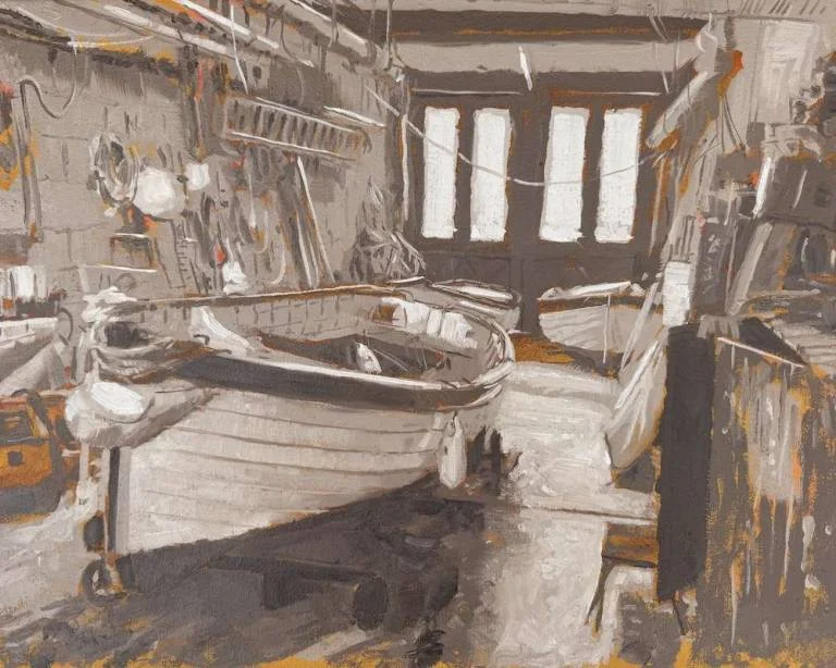 Salcombe Boatyard, a painting of a boat in a workshop by Greg Ramsden RSMA