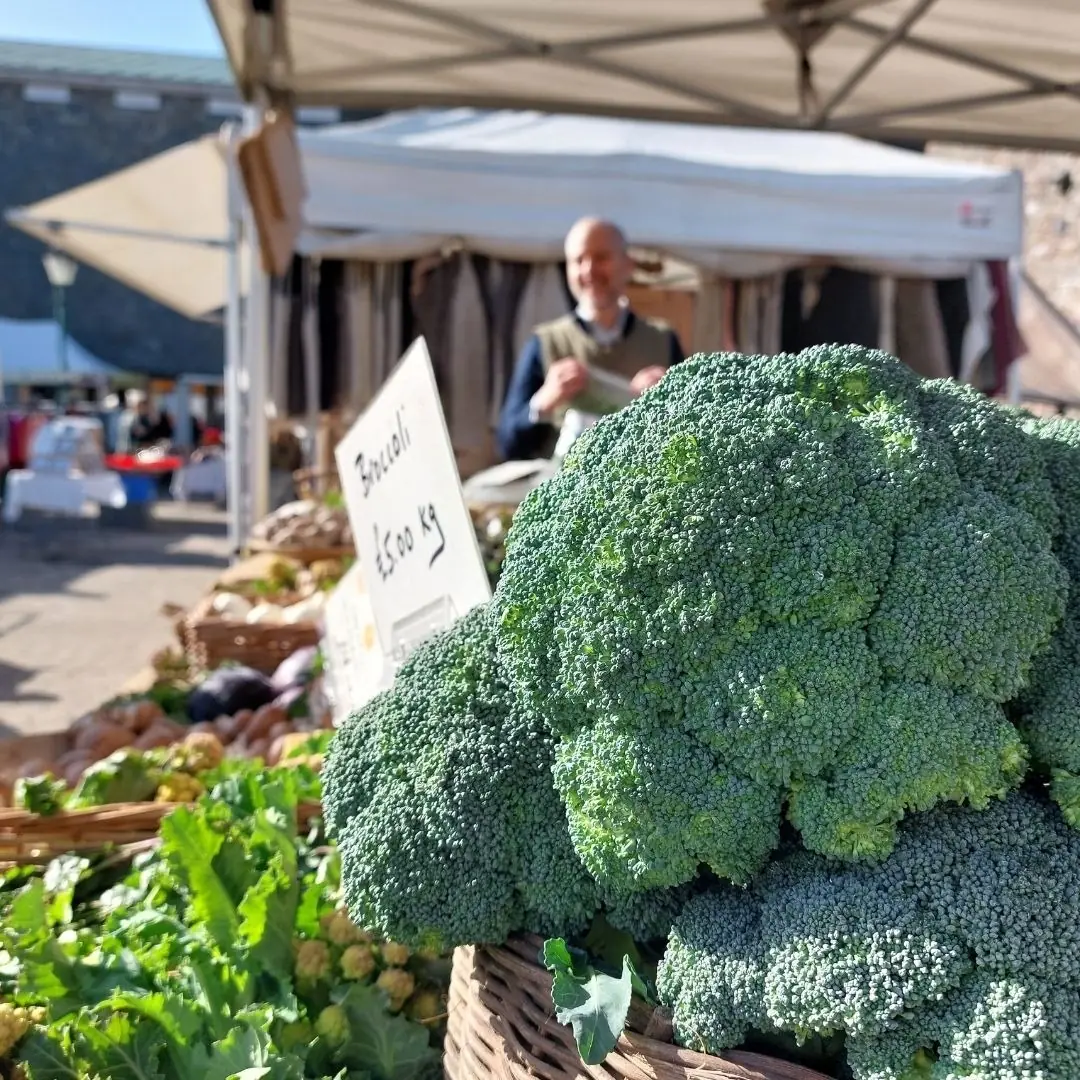 Fresh broccoli and vegetables on a Totnes market stall