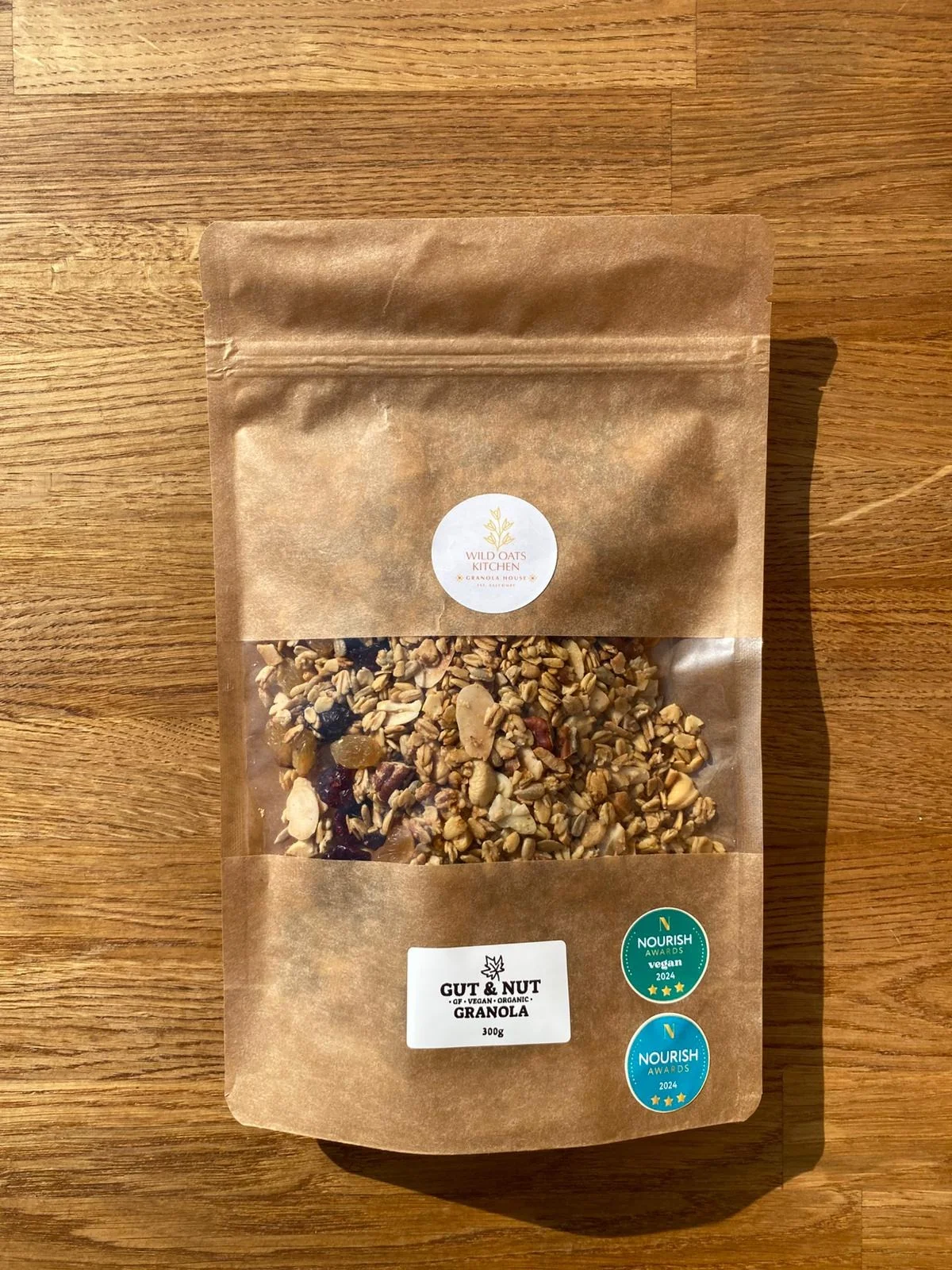 A bag of Wild Oats Kitchen Gut and Nut granola