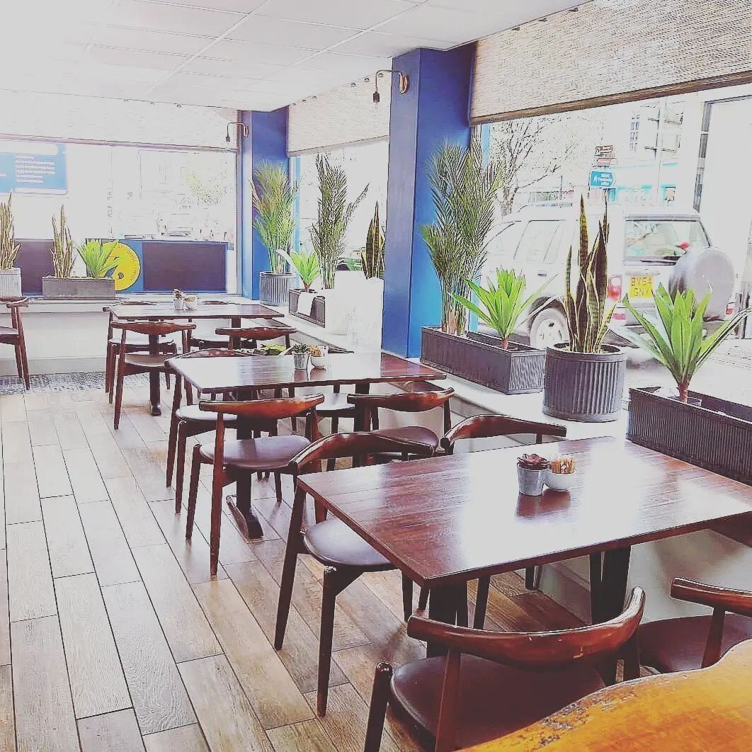 Bright tables and plants by the windows at Zest